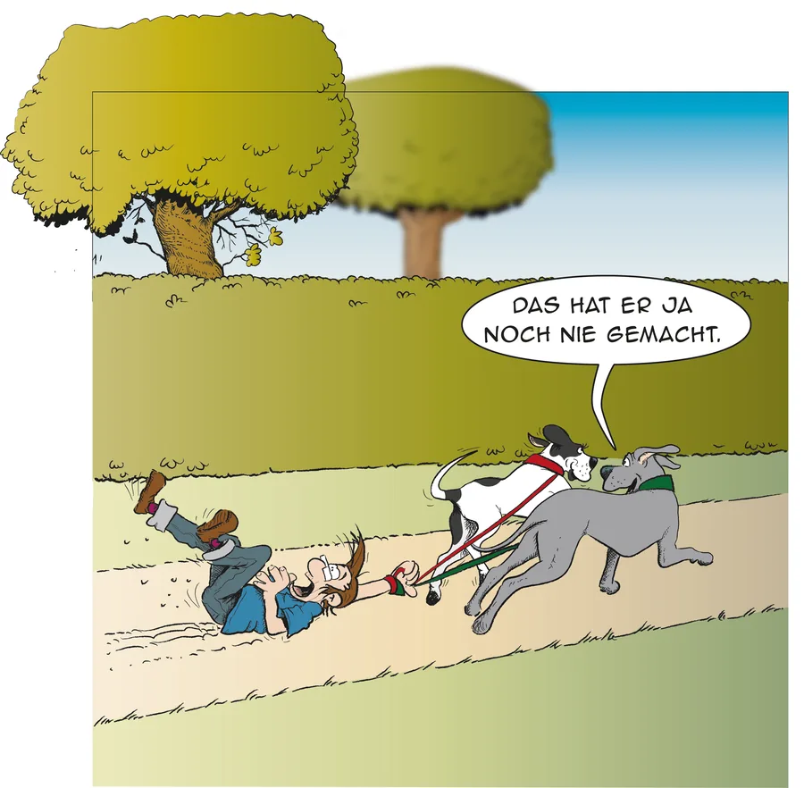 Cartoon: Zwei Doggen ziehen ihr Herrchen an der Leine über den Weg. Sprechblase: Das hat er ja noch nie gemacht.